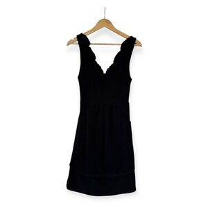 Women's Black Scalloped V-Neck Dress XS Anthropologie Maeve Ottoman Ribbed‎ Knit